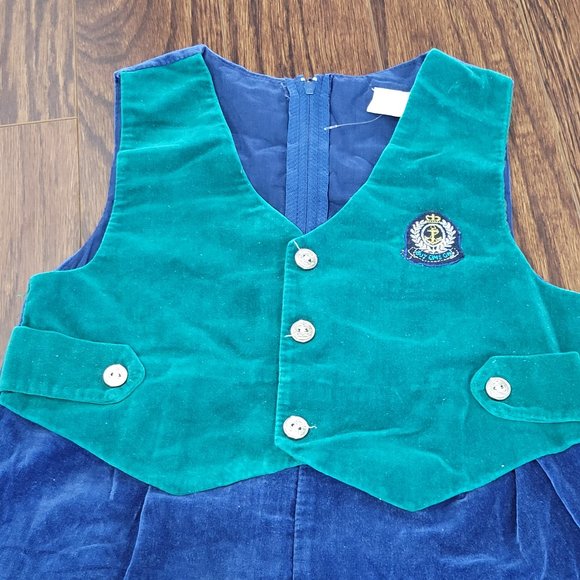 Vintage Boys Romper Suit Velvet One Piece Boy Zippered Sleeveless Blue Green 4T - Picture 2 of 10
